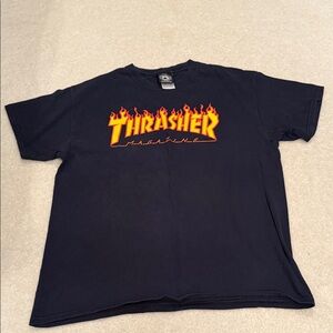 Thrasher Magazine Men’s Black Tee with Fiery Logo 100% Cotton Skateboard Flaw